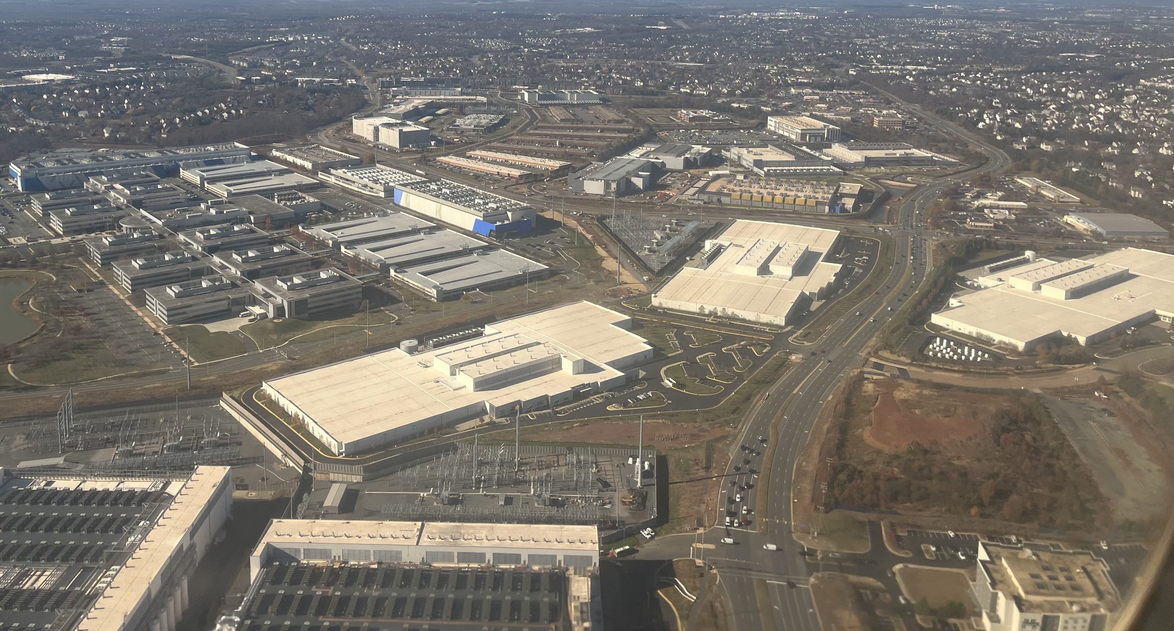 Aerial view of data centers along Loudoun County Parkway in Ashburn, Virginia