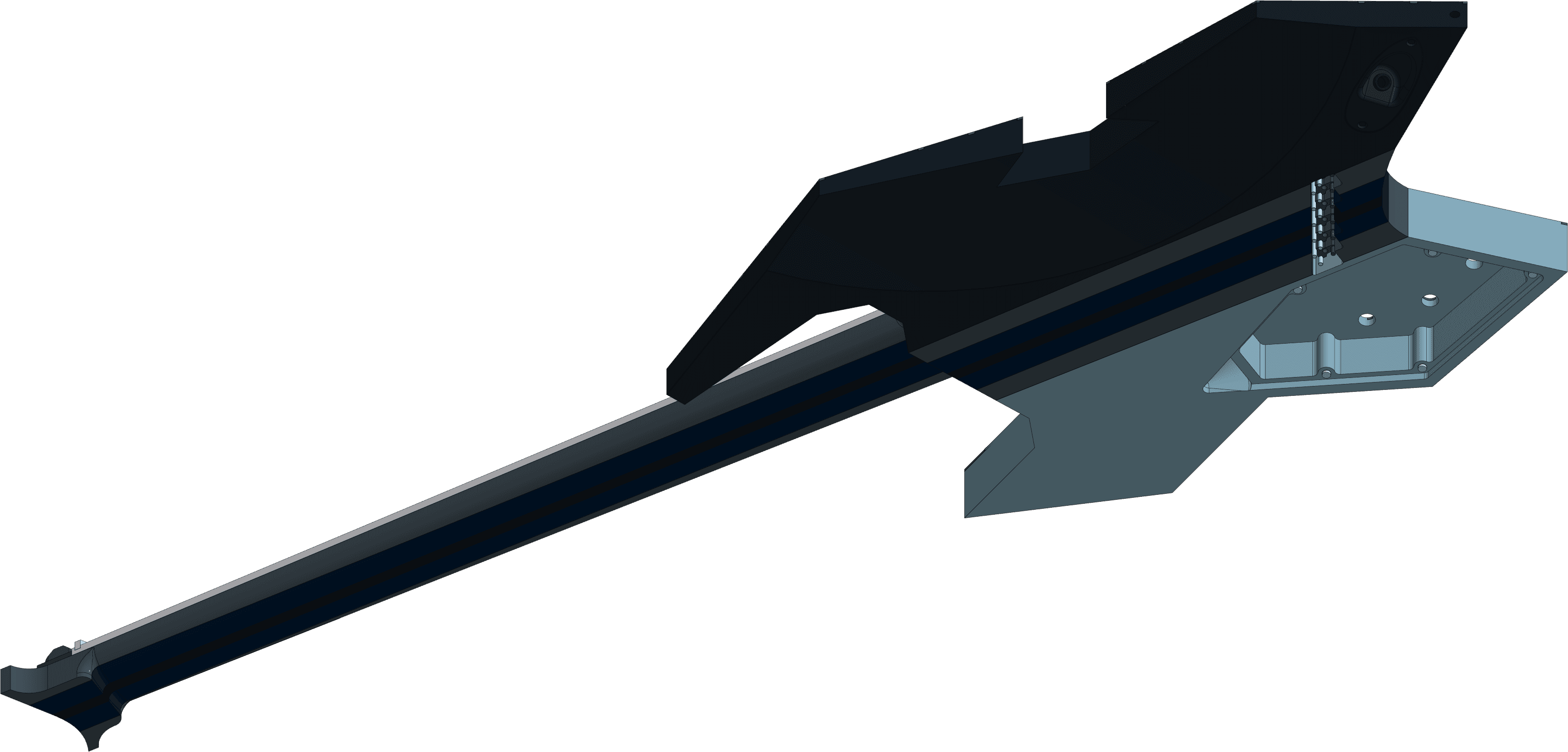 Genesis custom multiscale guitar CAD model back view showing control cavity and headless extended range design