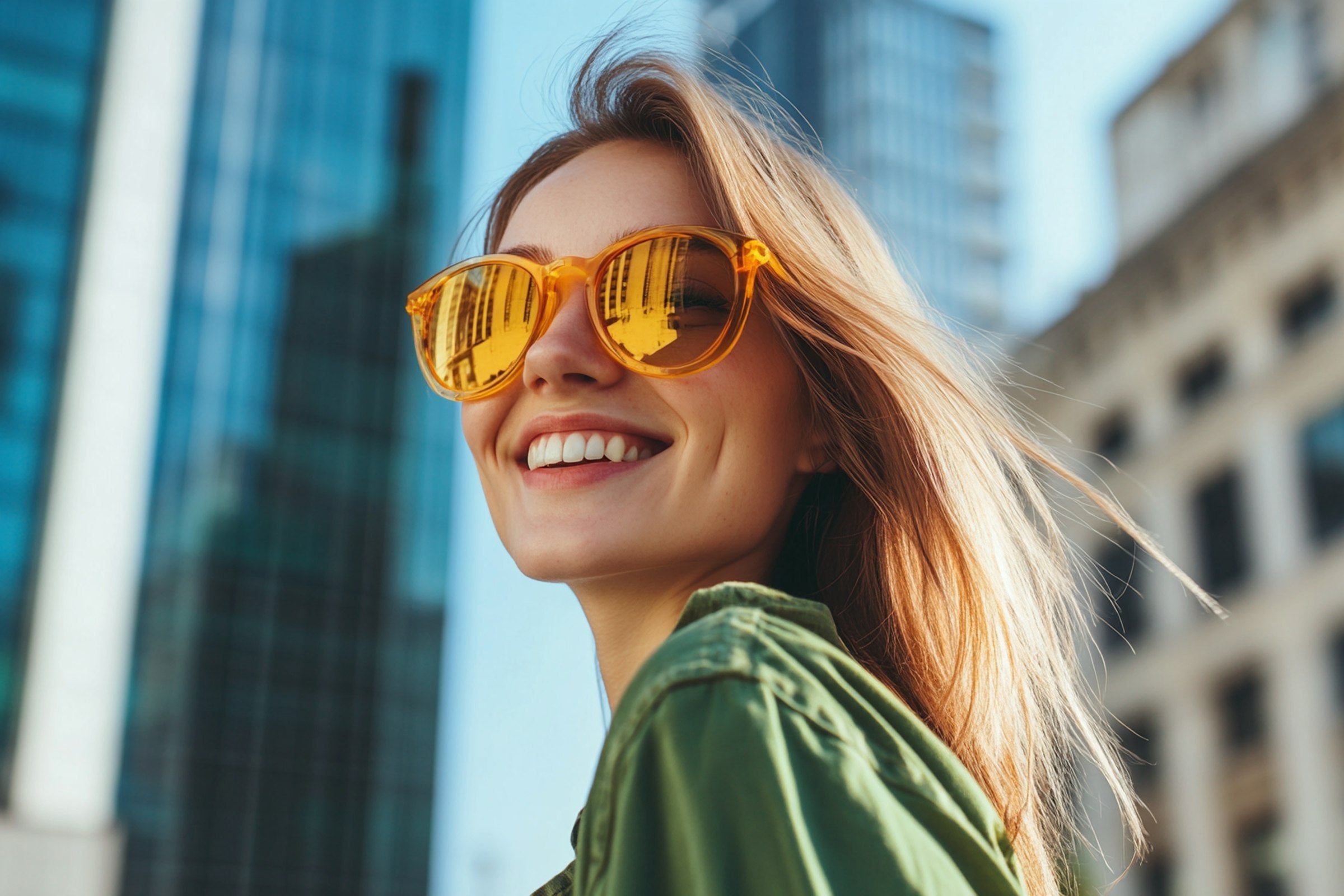 Woman in yellow square sunglasses