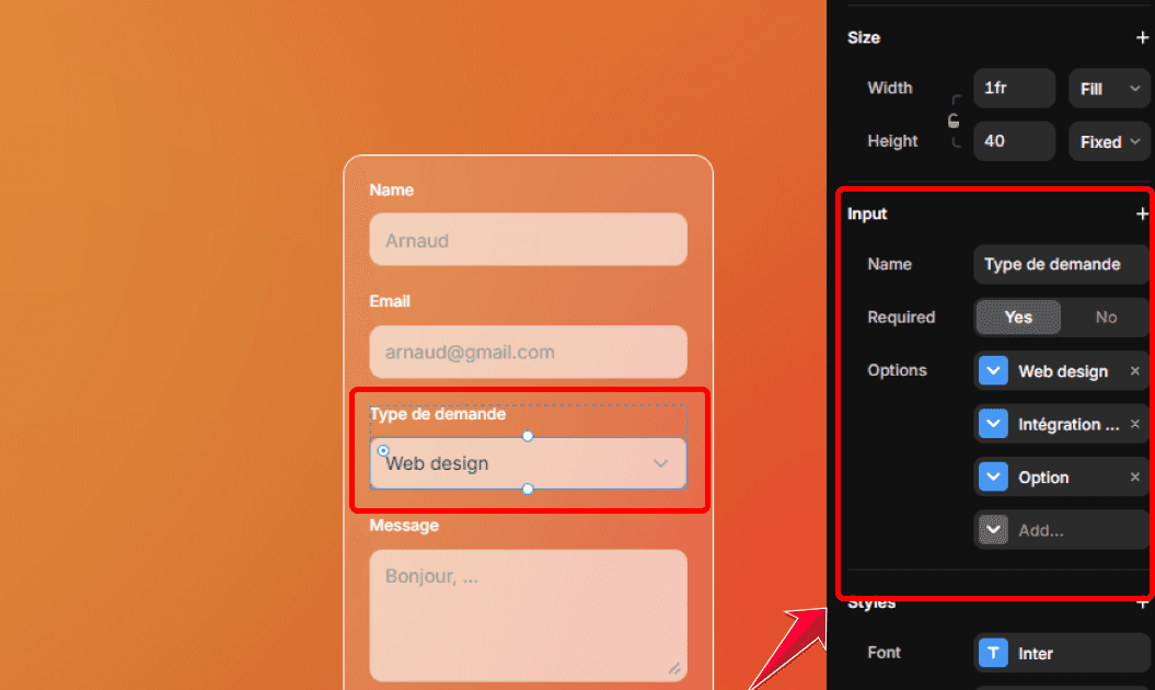 Ajout et configuration d’un champ menu déroulant dans un formulaire Framer"