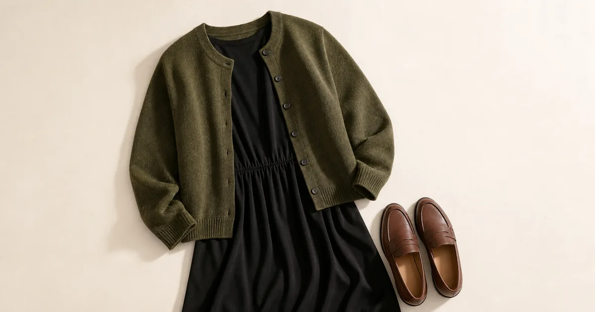 Olive green cardigan styled with autumn trousers and boots