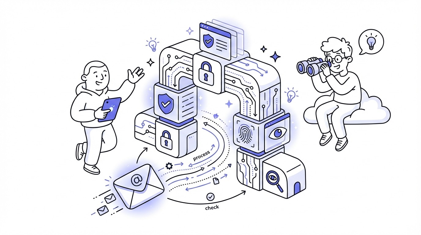 Digital illustration of a complex, futuristic security gateway with glowing circuits and data streams, symbolizing new, stricter email sender requirements. An abstract email icon approaches the gate's initial security layers.