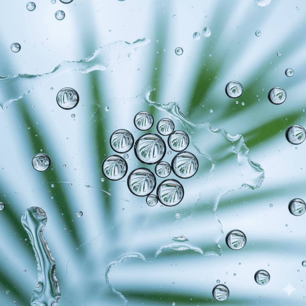Macro shot of water droplets or clear serum texture representing deep hydration and saturation