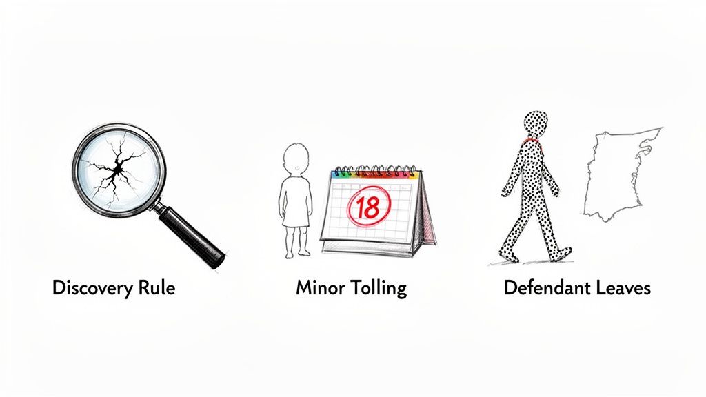 Illustrations of legal concepts: Discovery Rule, Minor Tolling, and Defendant Leaves impacting limitations.