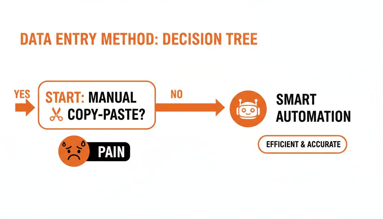 A decision tree flowchart illustrating data entry methods, showing manual copy-paste leads to pain, while smart automation is efficient and accurate.