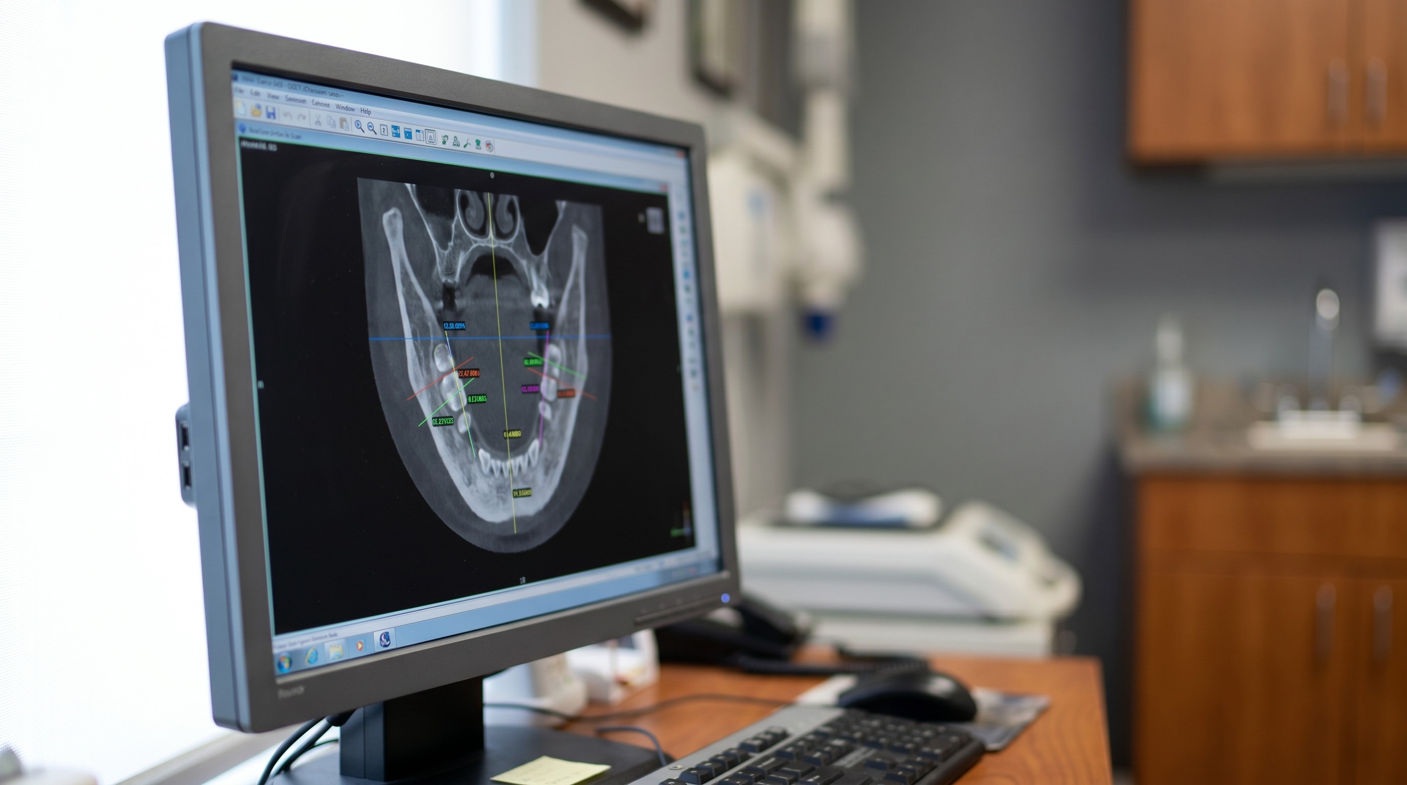 Three-dimensional CBCT jaw scan on a monitor used for dental implant planning