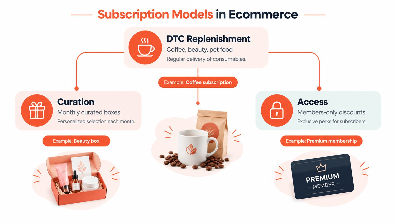 An infographic showing the three main ecommerce subscription models: DTC replenishment, curation, and access with examples.