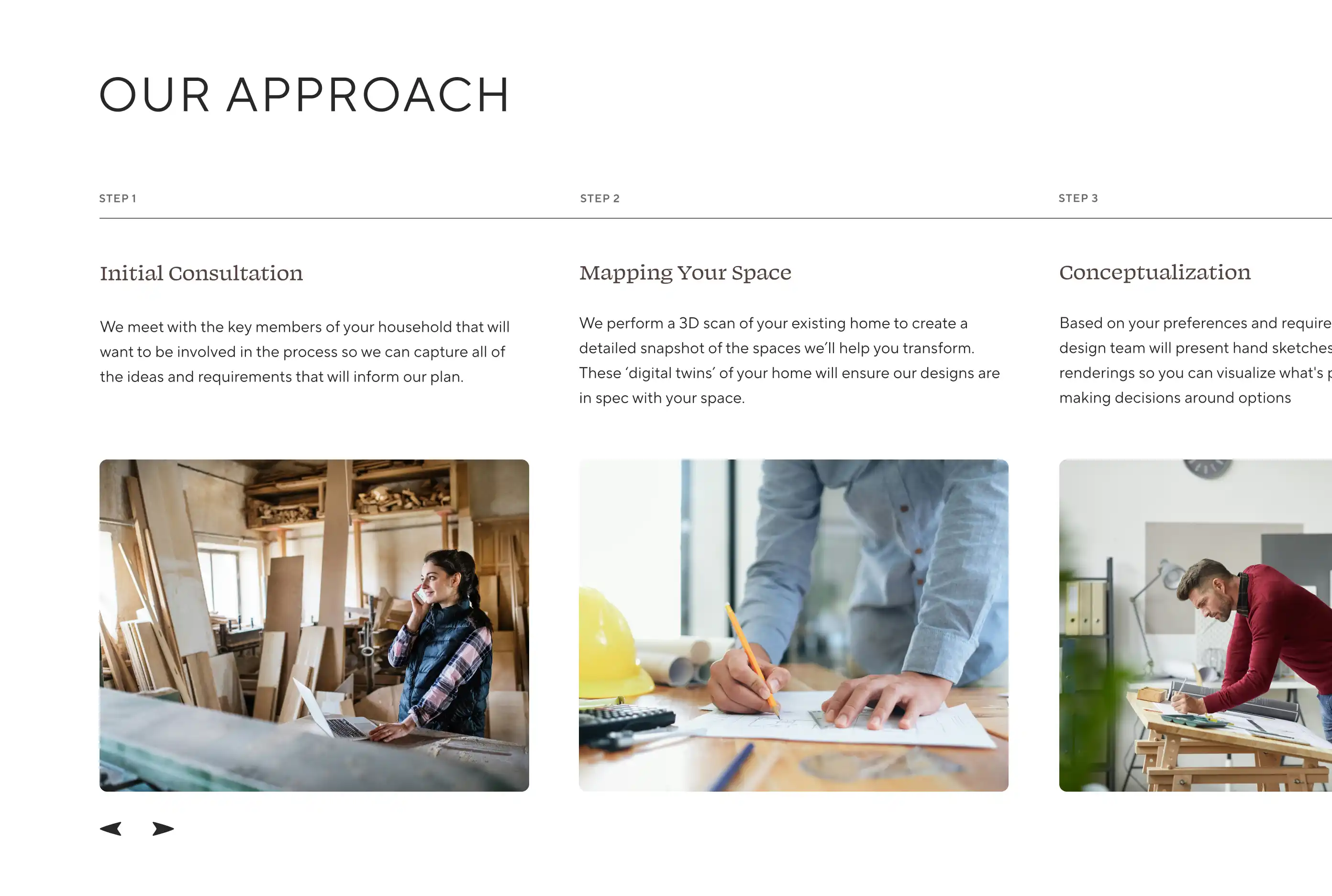 Three professionals working on architectural and design plans.