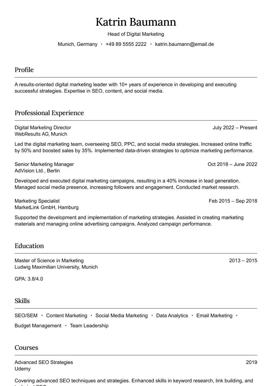 Head of digital marketing resume example