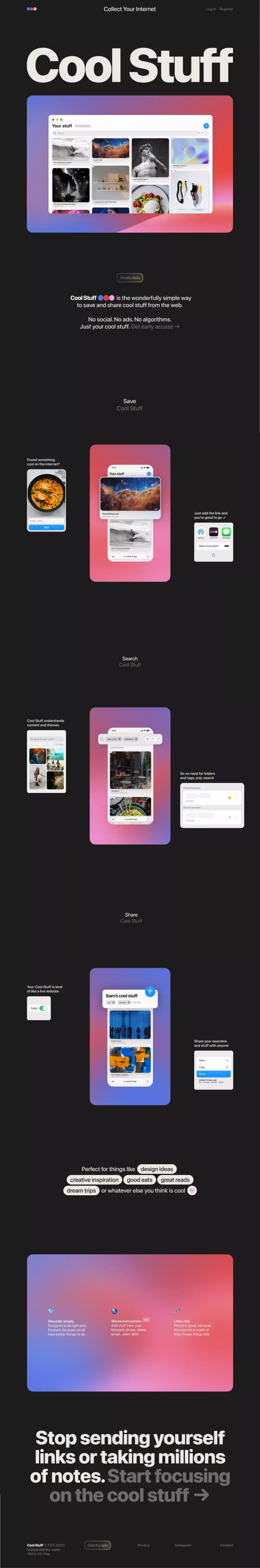 Cool Stuff landing page screenshot showcasing Design and Tech design