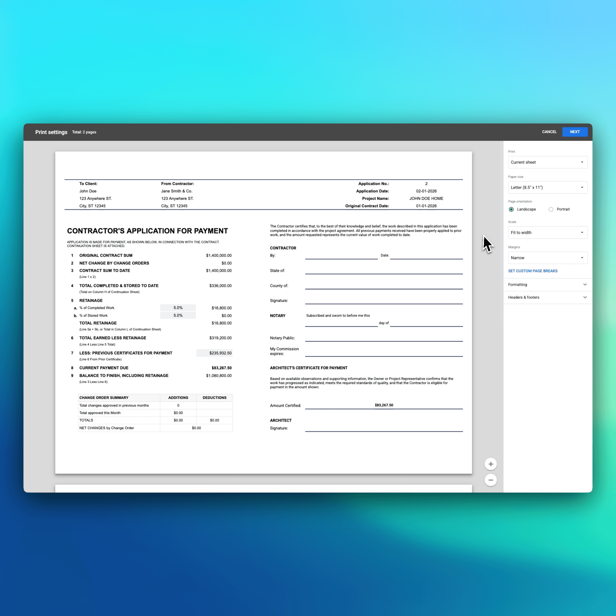 Print preview of Contractor's Application for Payment landscape – original contract sum, retainage calculations, total earned, current payment due, change order summary, and architect certification