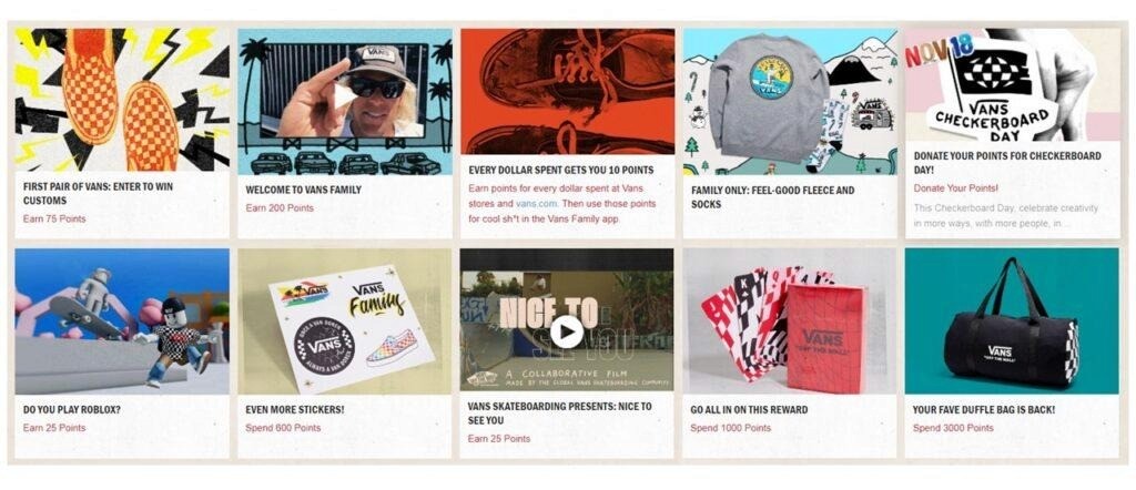 Vans Family loyalty program rewards catalog featuring a mix of transactional and engagement-based earning opportunities: 75 points for first pair of Vans customs, 300 points for joining Vans Family, 10 points per $1 spent in-store and online, 25 points for Roblox activity, 25 points for sticker rewards, family-only fleece and socks reward, Vans skateboarding film unlock, merchandise redemptions at 900 and 1,000 points, duffle bag at 3,000 points, and Checkerboard Day charity point donation option — illustrating a gamified lifestyle loyalty program blending purchases, community actions, and brand culture rewards