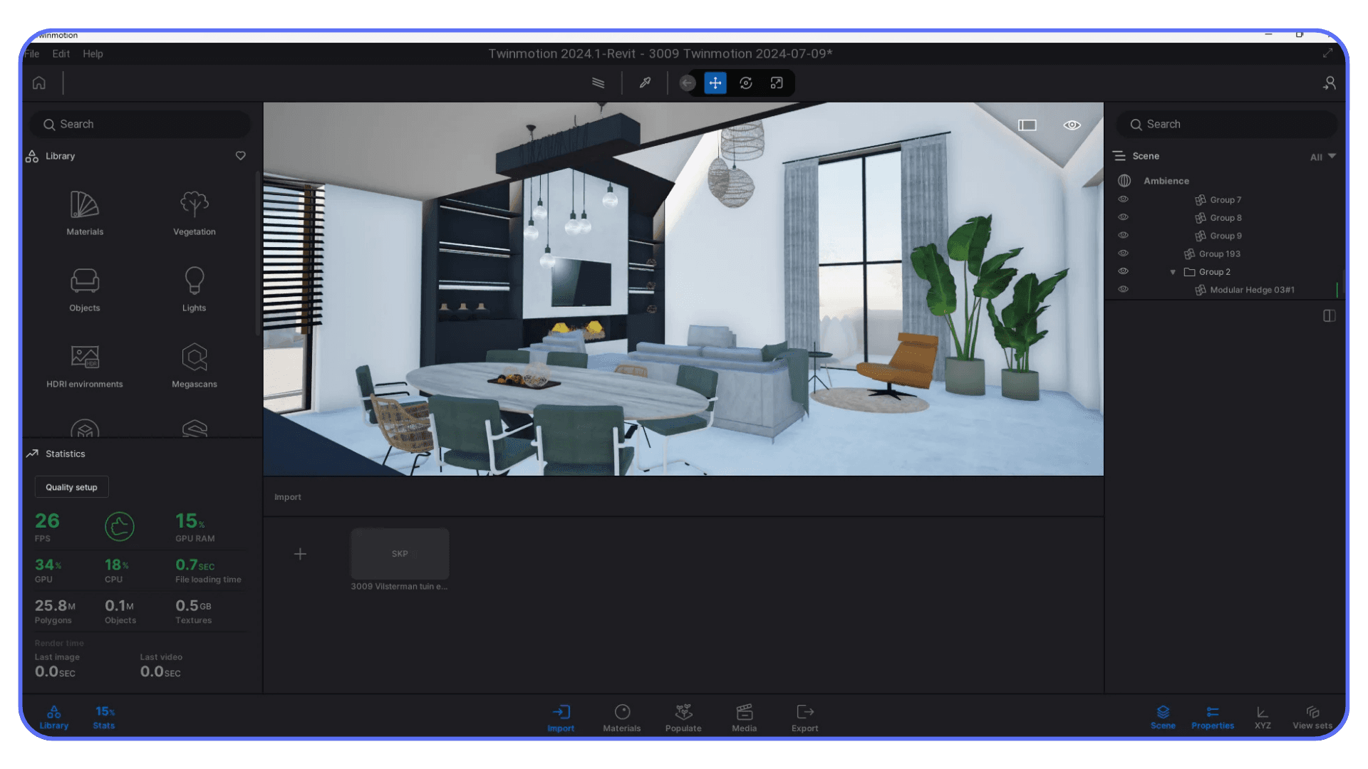 Twinmotion interior scene displayed in the viewport with real-time lighting, furniture, and performance statistics visible