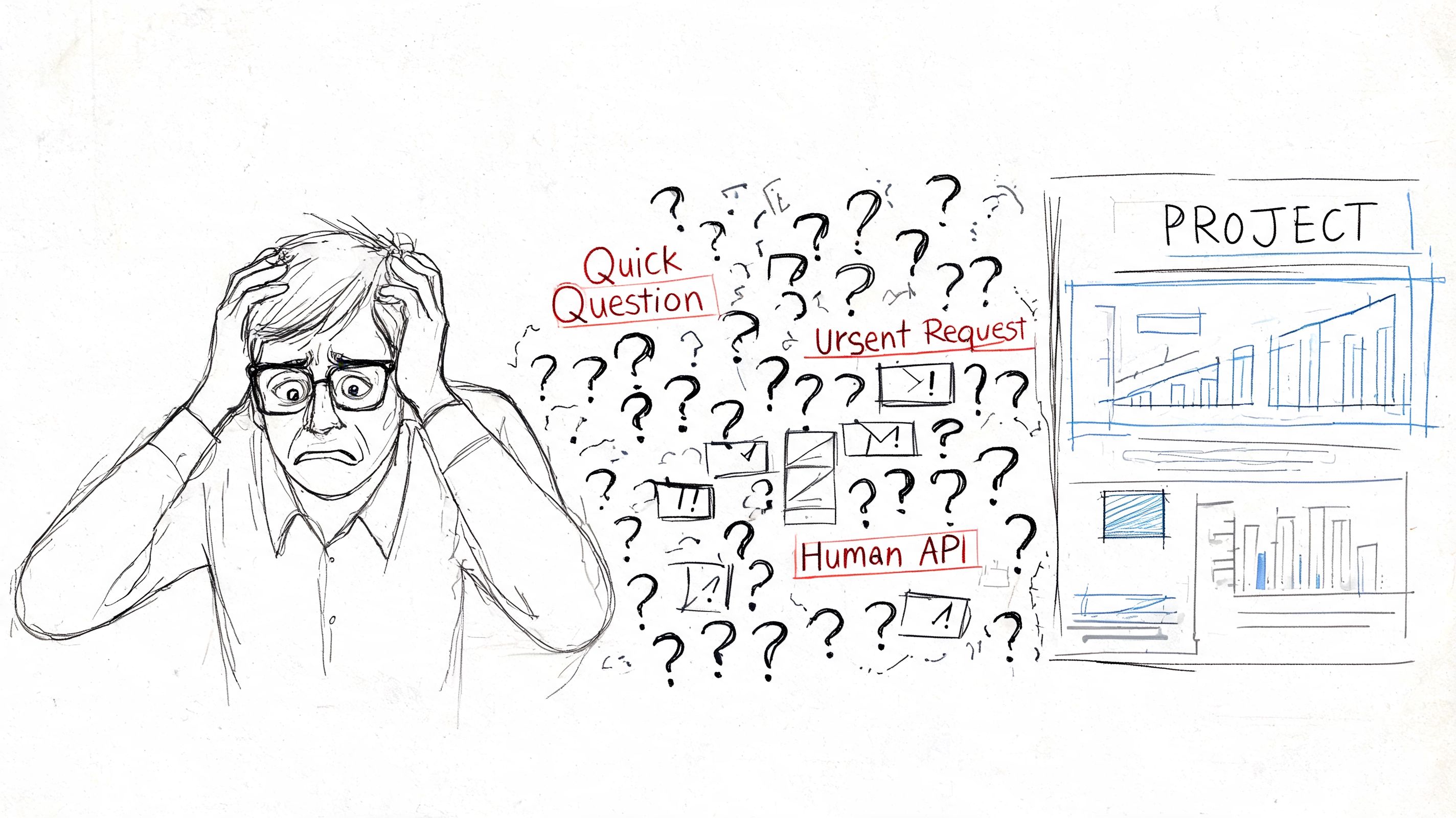 A distressed person overwhelmed by many urgent questions and project tasks in a sketch style illustration.