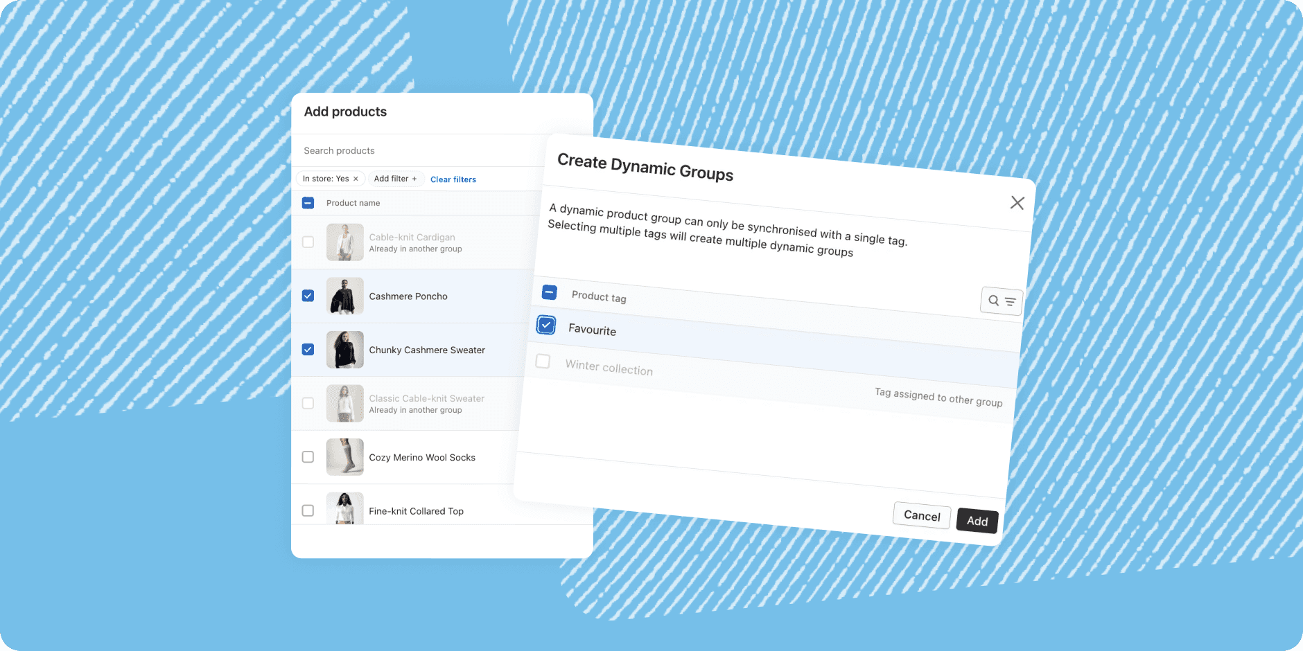 screenshot of cashmere company with product groups