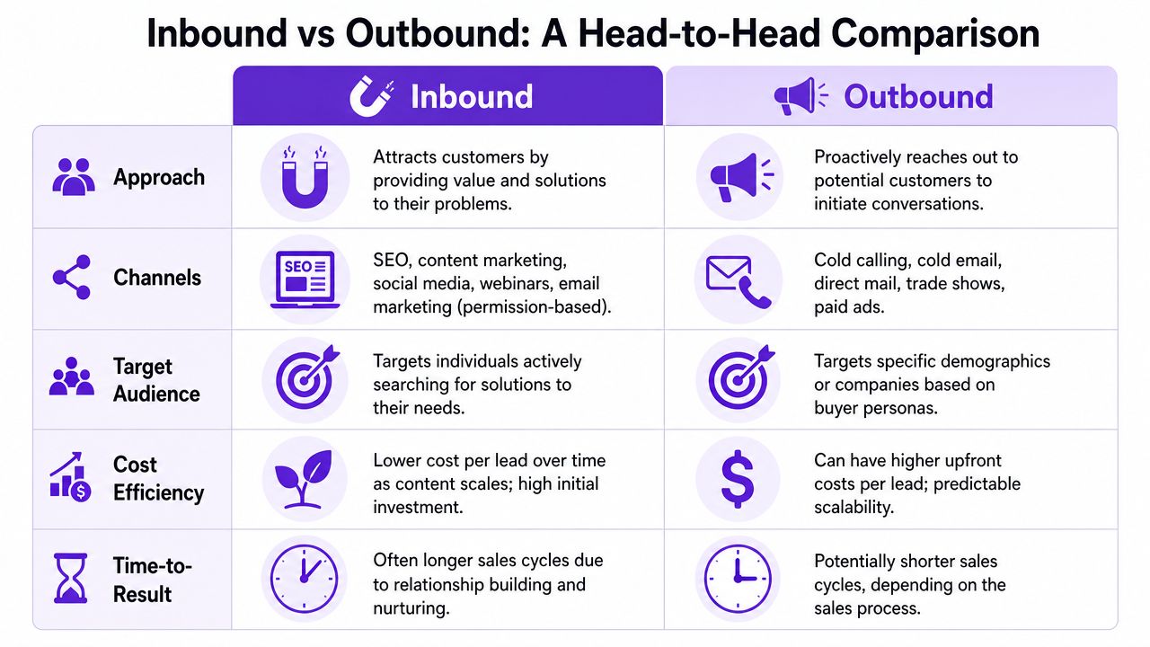 A comparison table outlining key differences between inbound and outbound marketing strategies across five distinct business categories.