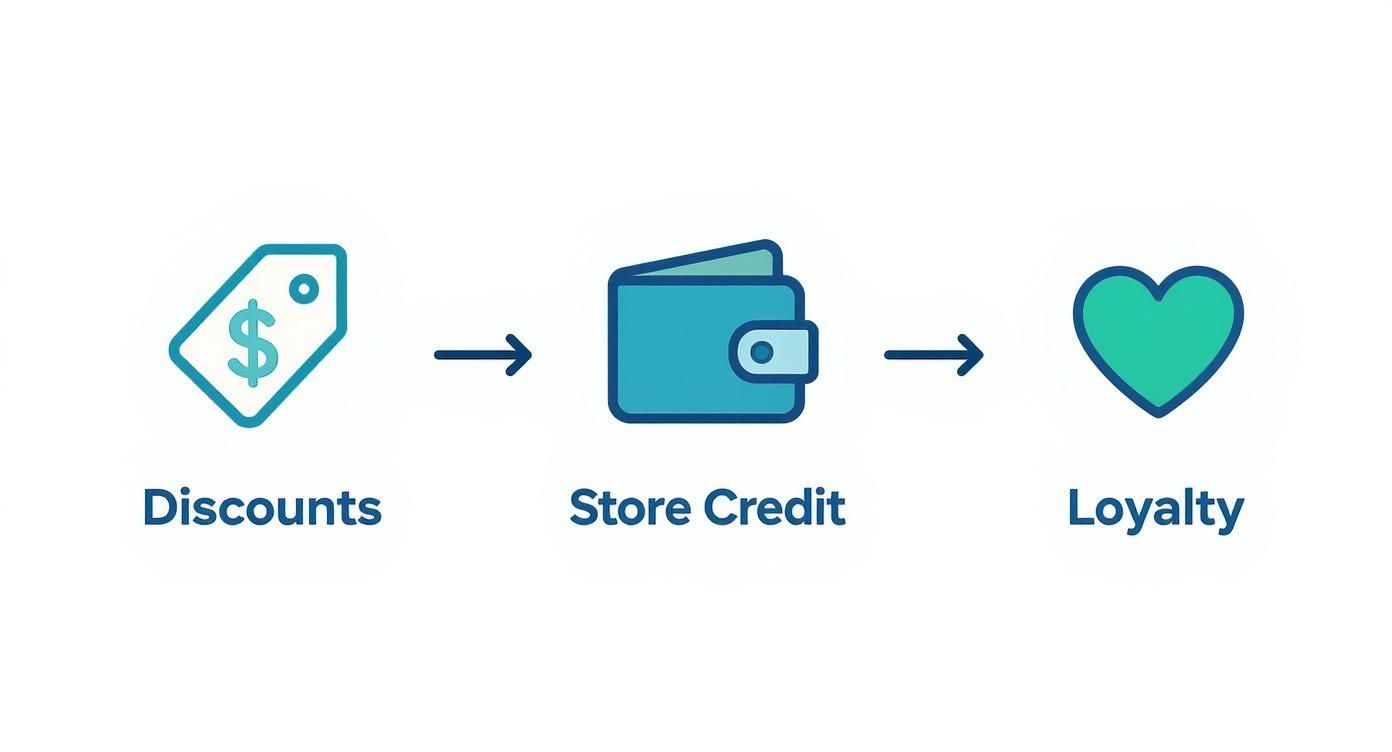 Flowchart showing how discounts lead to store credit, building customer loyalty and engagement.