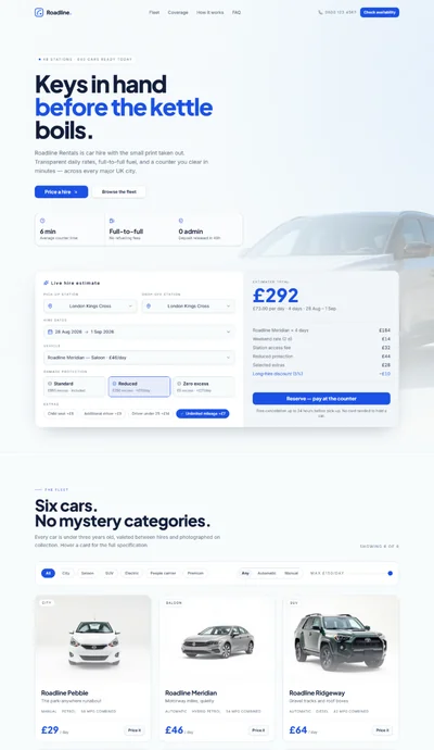 Car hire website template preview with fleet grid and transparent pricing