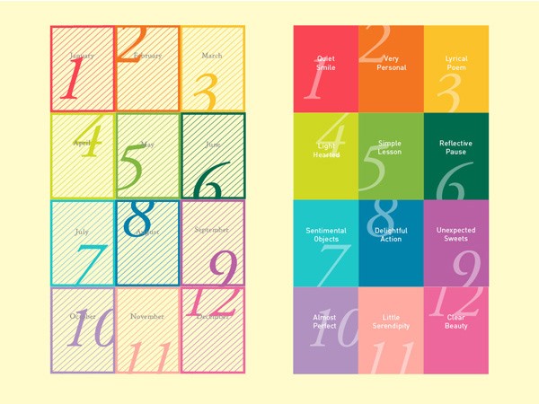 The image displays two side-by-side calendar grids. The left grid shows months from January to December, each month with its corresponding numbered date. The right grid presents the same months but with additional color-coded squares: red for quiet smiles, orange for very personal, pink for quiet smile, orange for very personal, pink for quiet smile, light green for simple lesson, green for reflective pause, teal for sentimental objects, blue for delightful action, purple for almost perfect, pink for little serendipity, and pink for little serendipity. Each square contains text or symbols that likely represent activities or themes for that month.