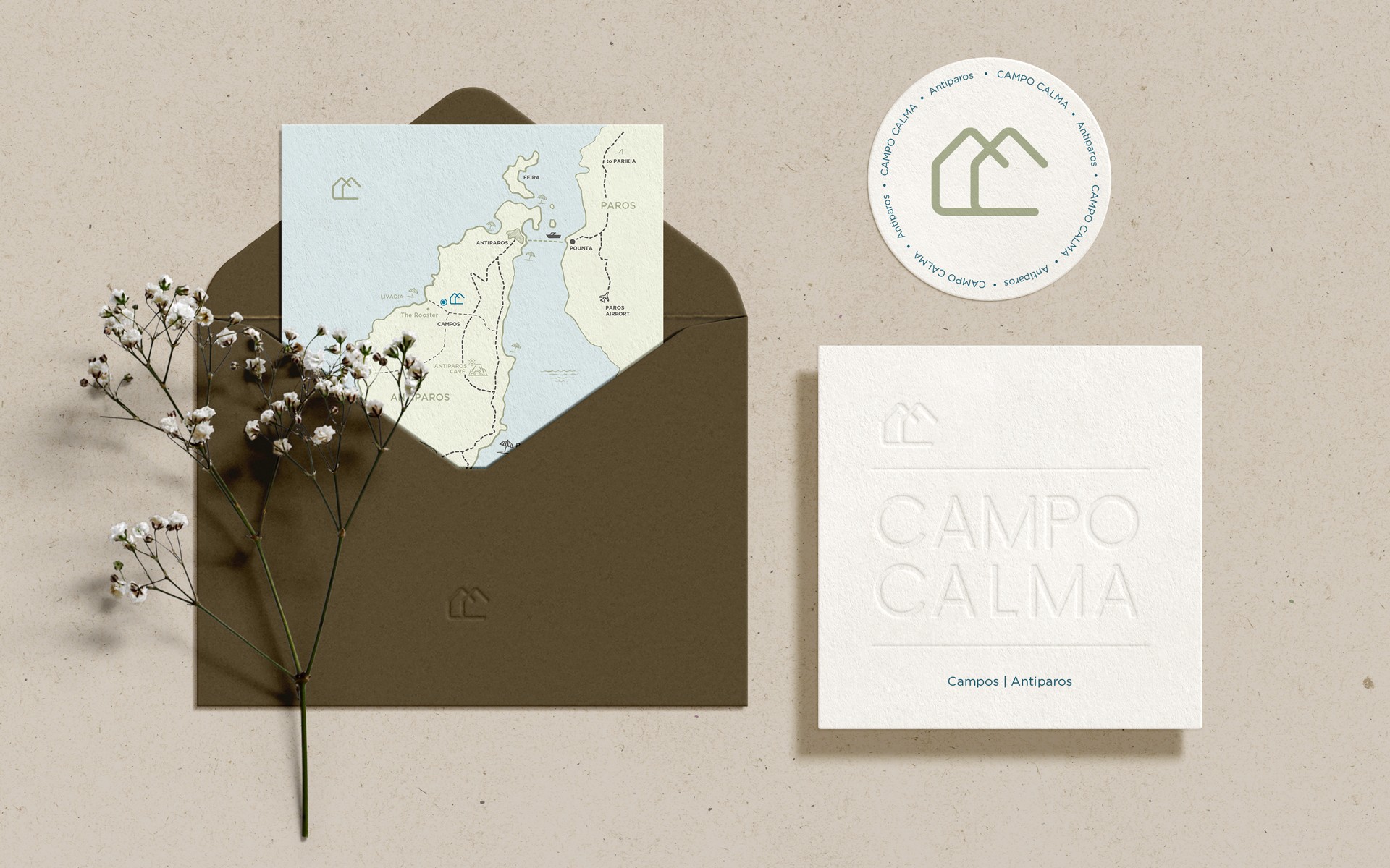 Almyra Antiparos branded card and compliments stationery design