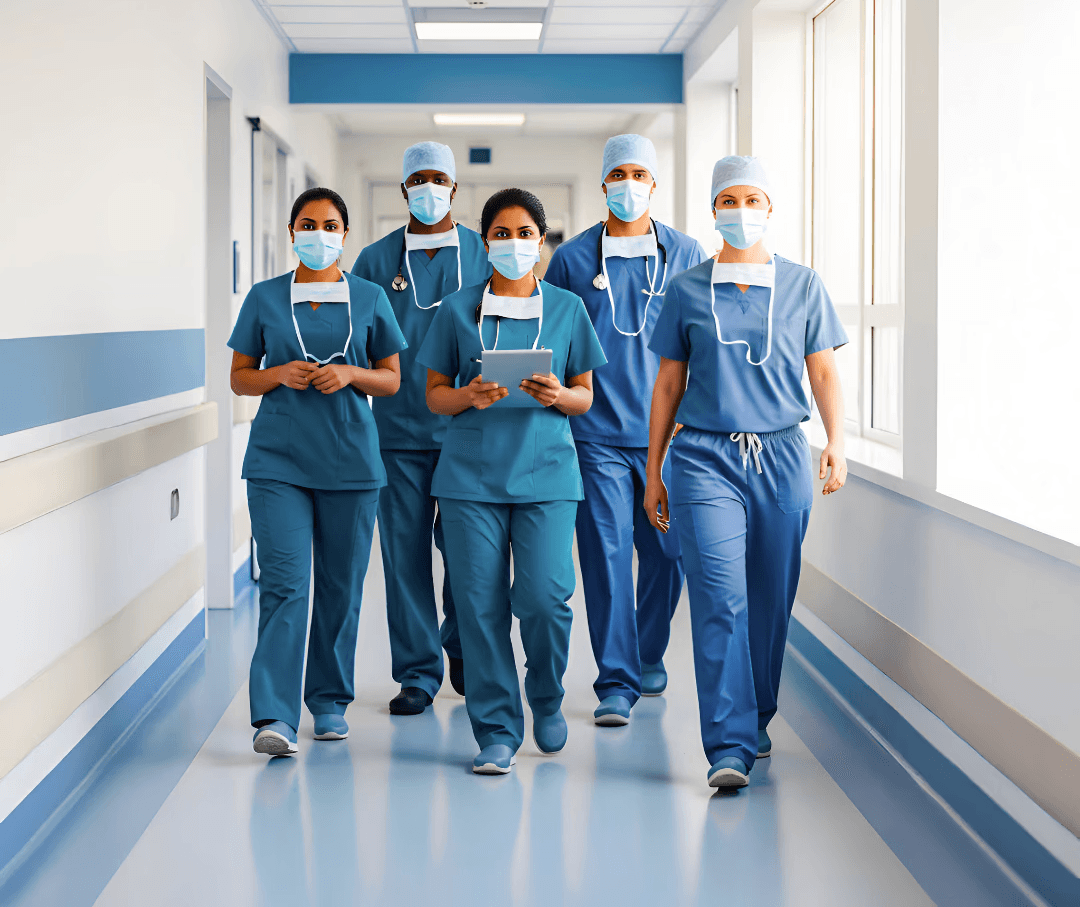 A group of five healthcare professionals in blue scrubs and face masks walk confidently together down a hospital hallway, representing teamwork and patient care.