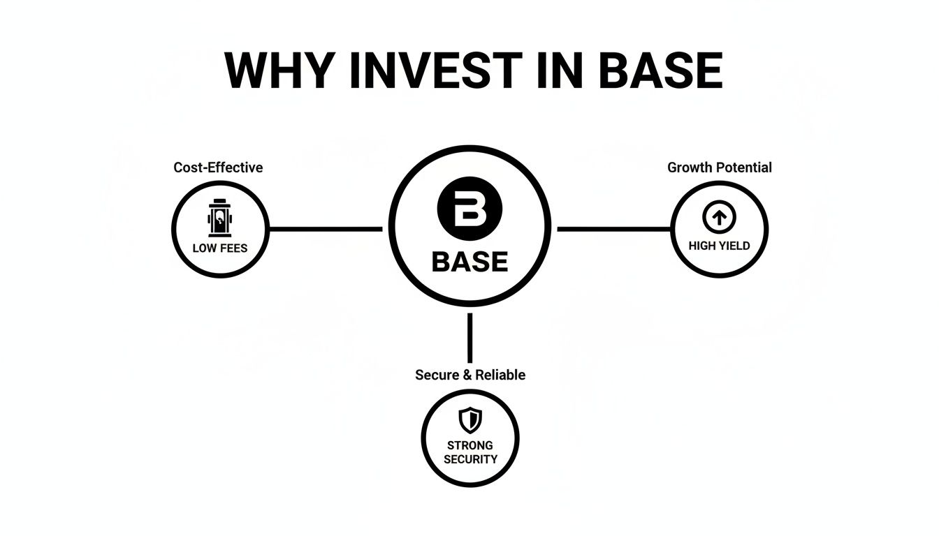 A diagram illustrating why to invest in BASE, highlighting low fees, high yield, and strong security.