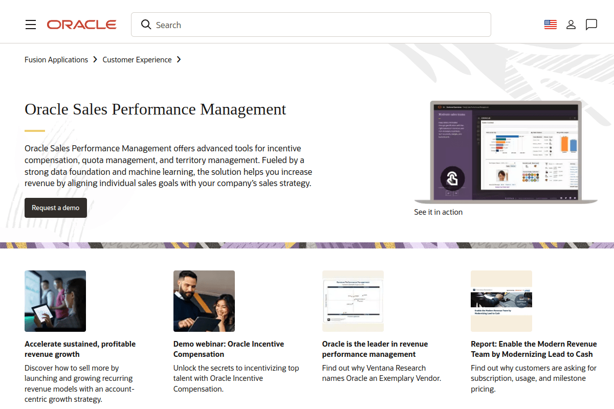Oracle Sales Performance Management homepage, quota, territory, and incentive compensation in Fusion