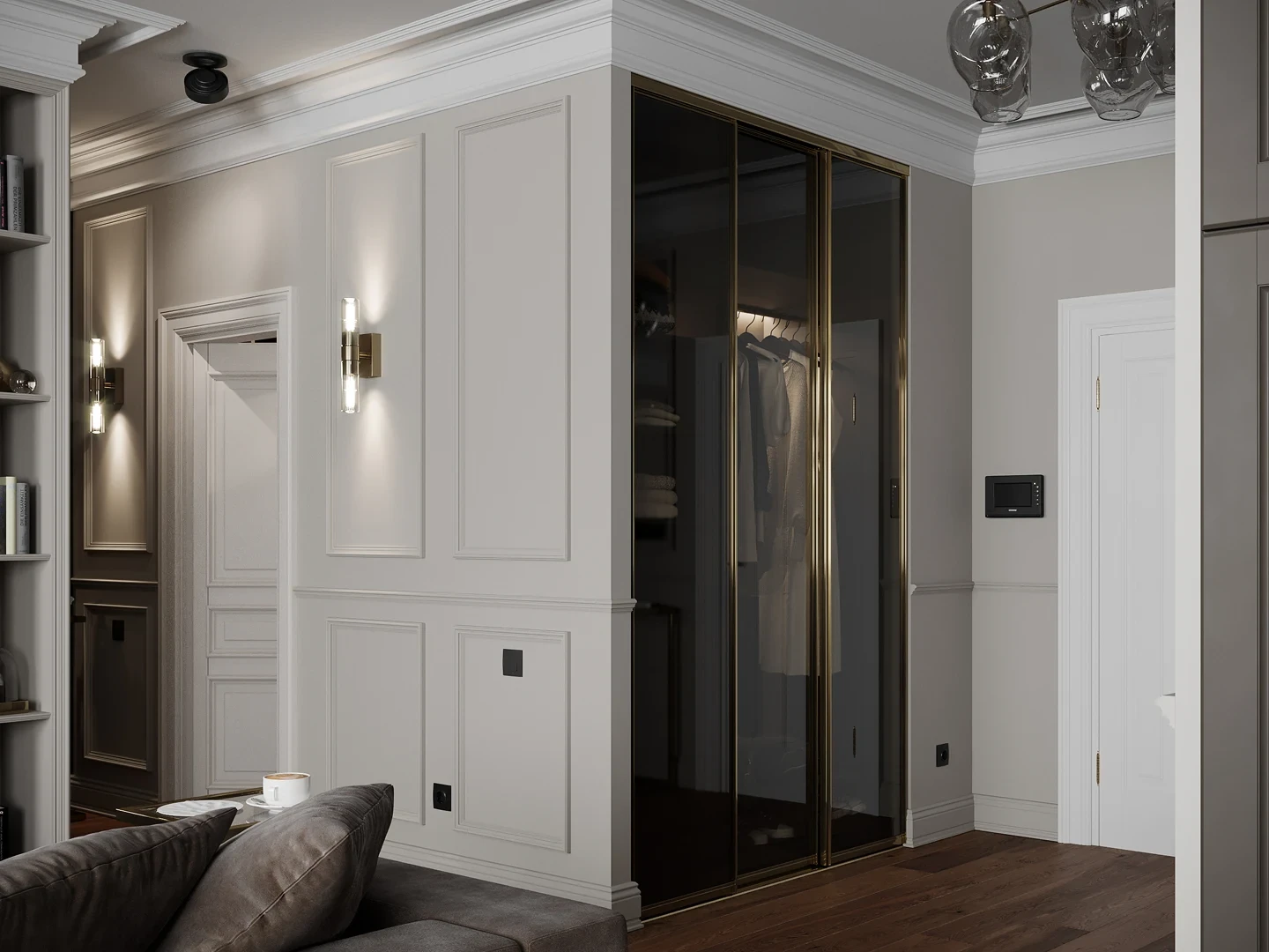 Salle de bains — carreaux pierre et siphon linéaire.