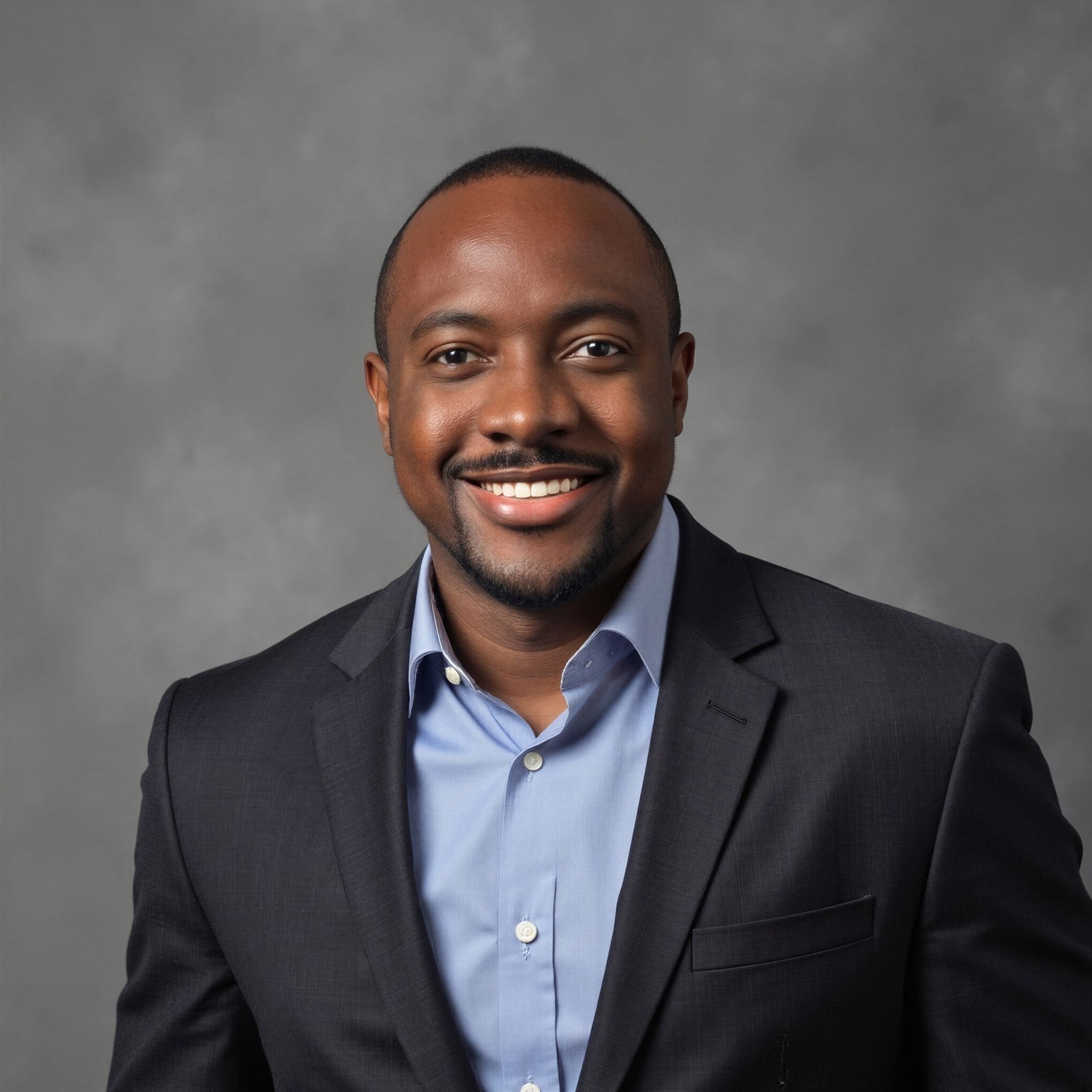Dr. Eliel Arrey wearing a dark suit and blue shirt against a gray studio background.