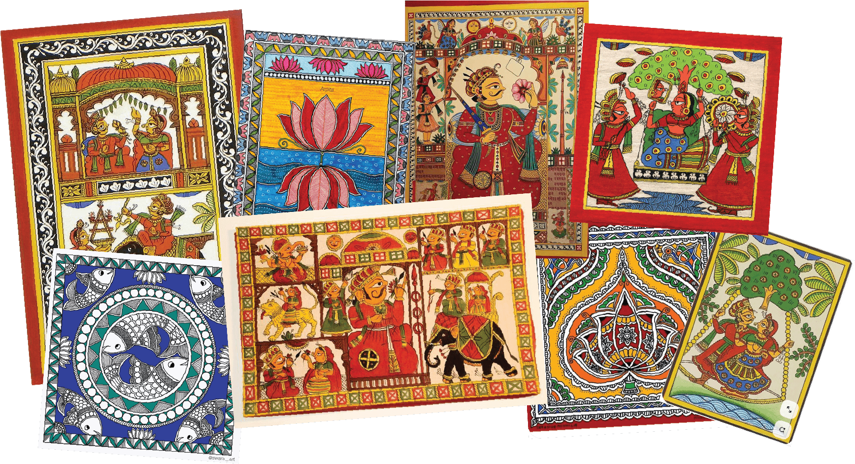 Collage of Indian folk-art references including Phadchitra, Pattachitra, Madhubani, lotus motifs, figures, borders, and fish patterns.