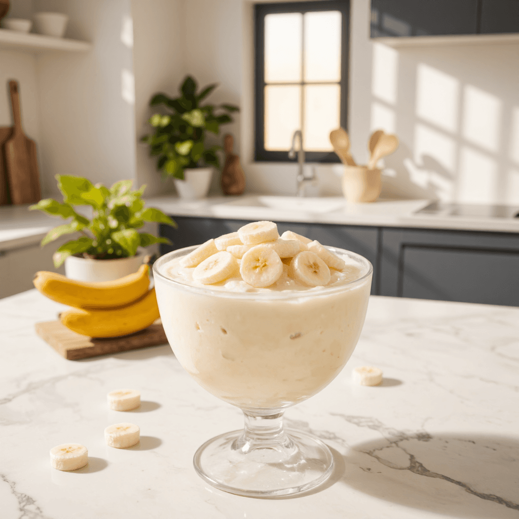 product photography of a bowl of vanilla cream dessert topped with banana slices