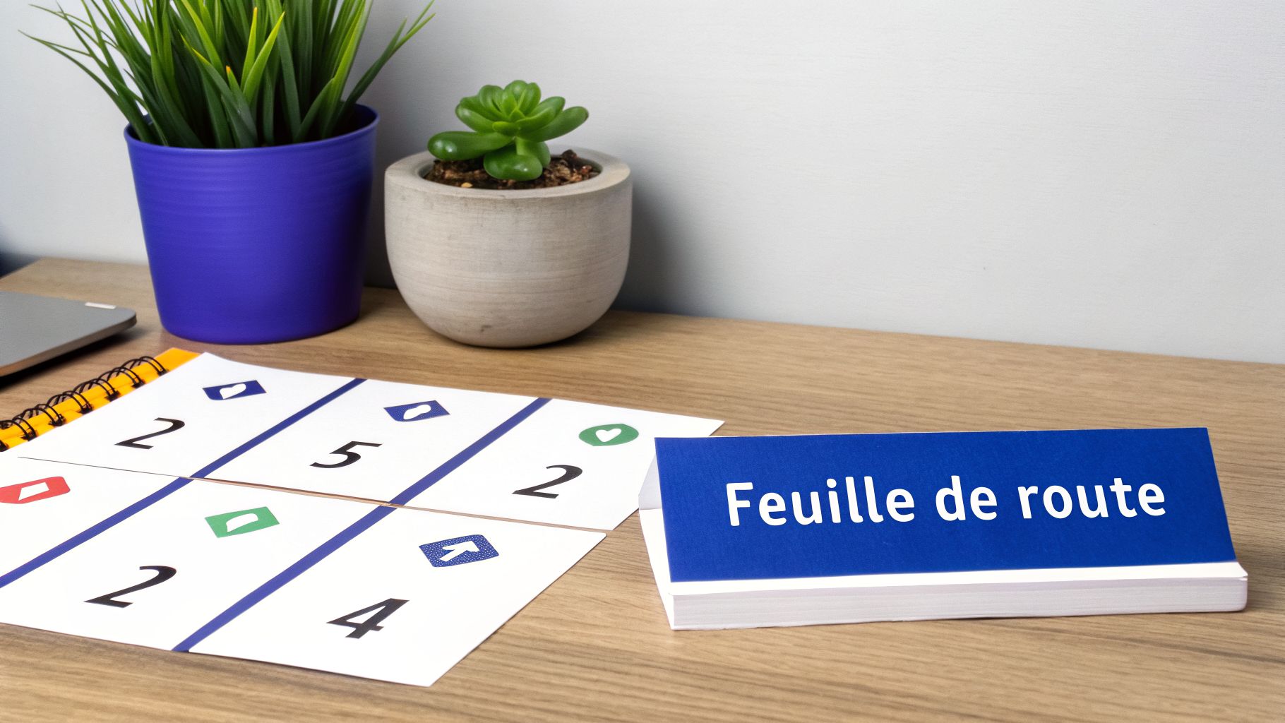 Bureau en bois avec plantes, ordinateur portable, carnet de chiffres et symboles, et une carte bleue intitulée 'Feuille de route'.