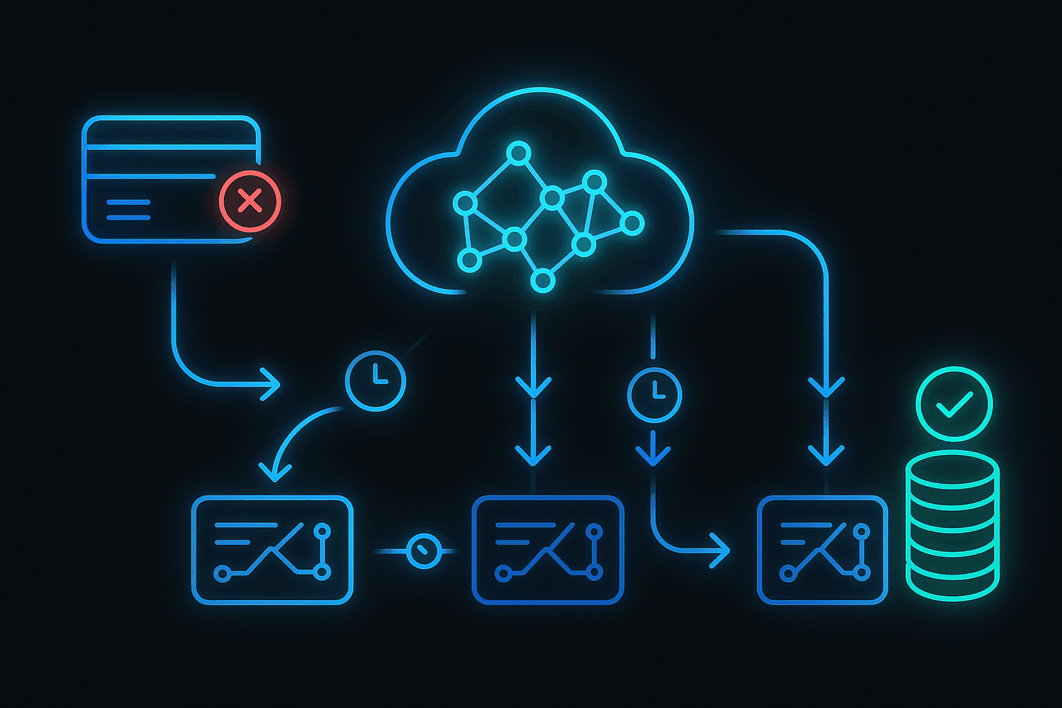 AI retry engine flow from failed payment through ML layer to multiple gateways with fallback achieving recovery.