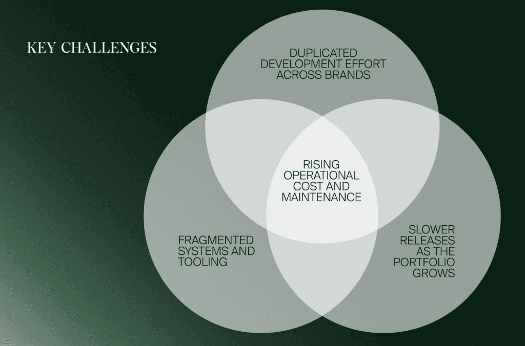 Venn-Diagramm der Kernprobleme beim Skalieren mehrerer Modemarken, im Zentrum steigende Betriebskosten
