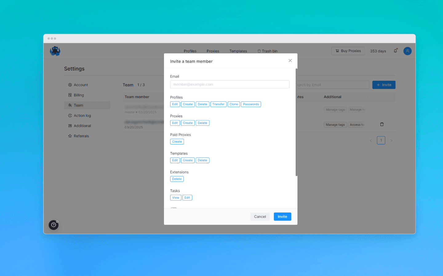 Настройки команды в Octo Browser