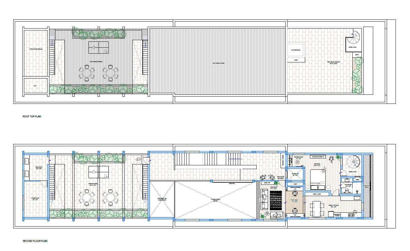 Futura + JHMC, P. Velur – second floor and terrace plans with office spaces and breakout areas around a central atrium, designed by Rooted Narratives, Bengaluru.