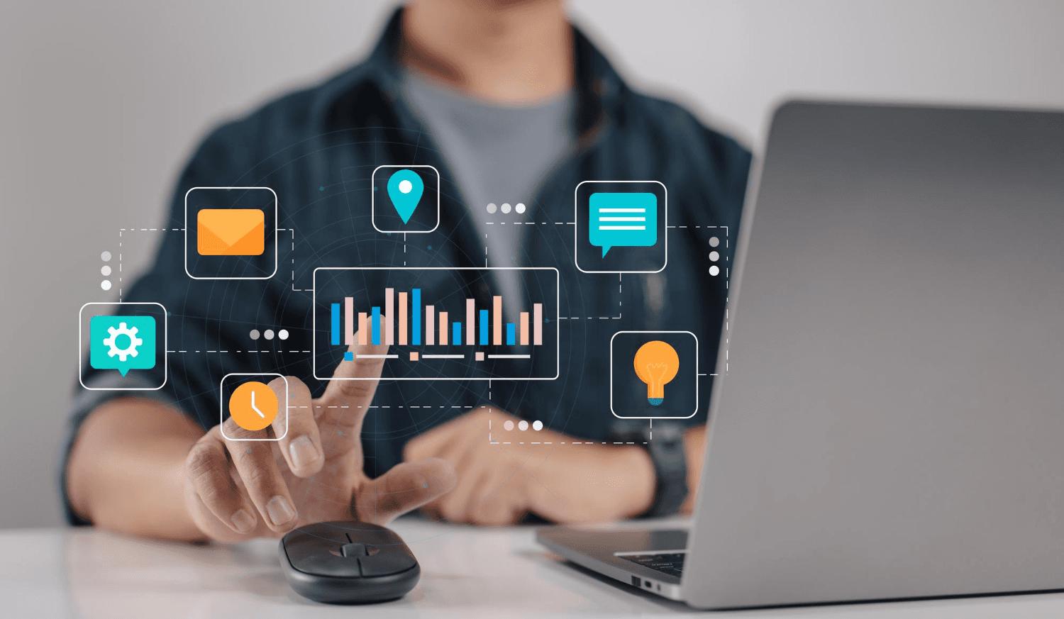  Man interacting with digital business icons - Enterprise Customer Data Platforms