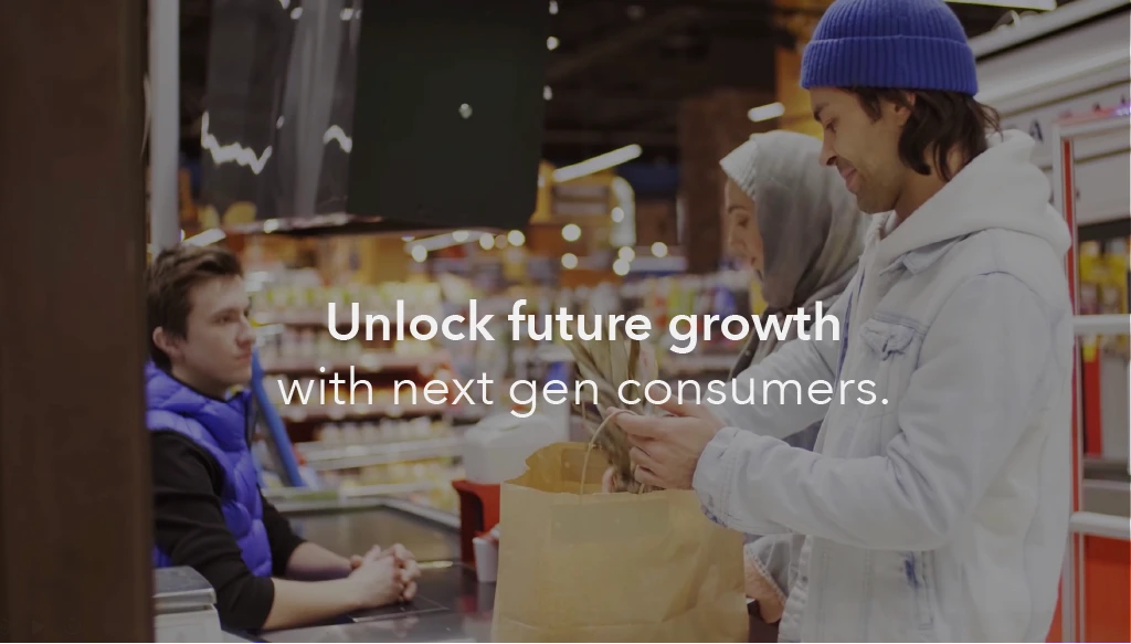 An image of two people at a grocery store check out, with the text 'unlock future growth with next gen consumers' inlayed