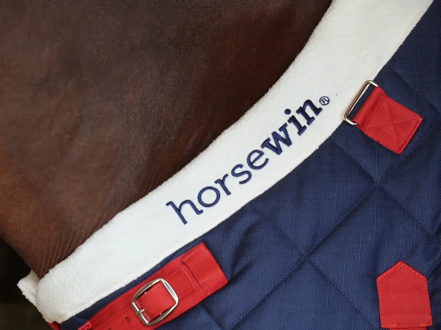 Photo du logo Horsewin sur le col d'une couverture pour chevaux