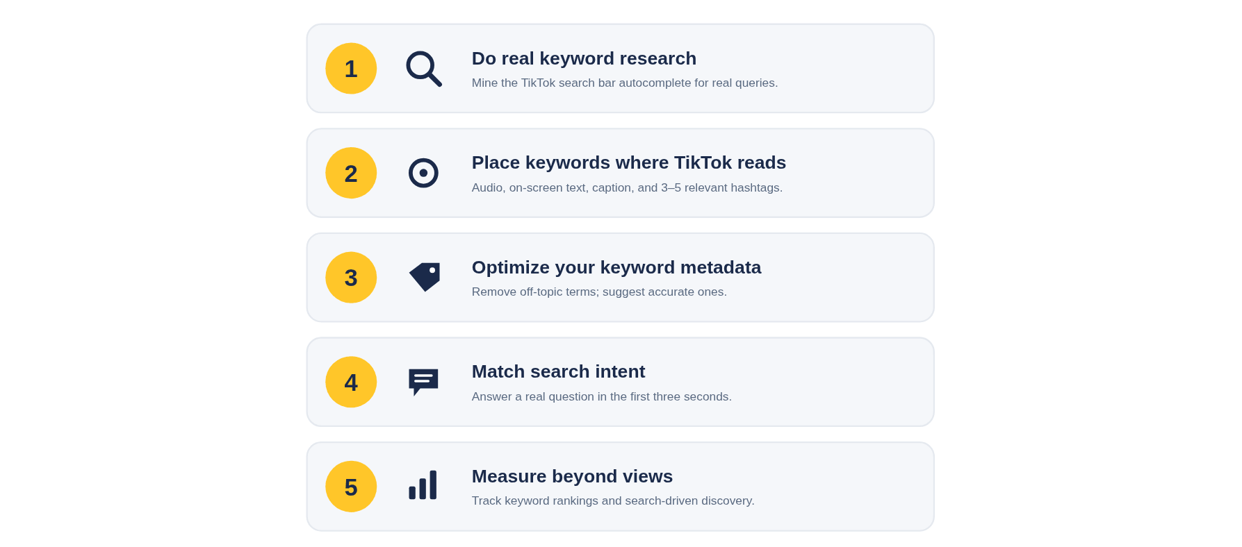 Five steps to TikTok SEO: keyword research, optimizing metadata, matching search intent, and measuring beyond views