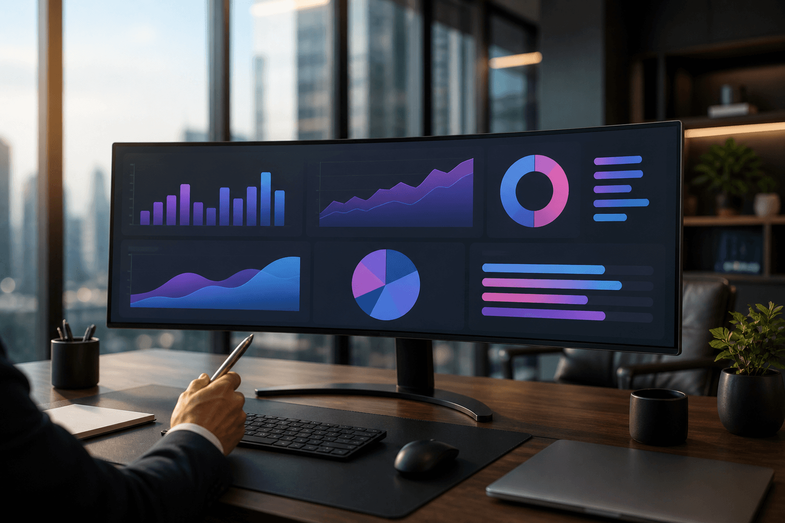 Analytics dashboard on ultrawide monitor