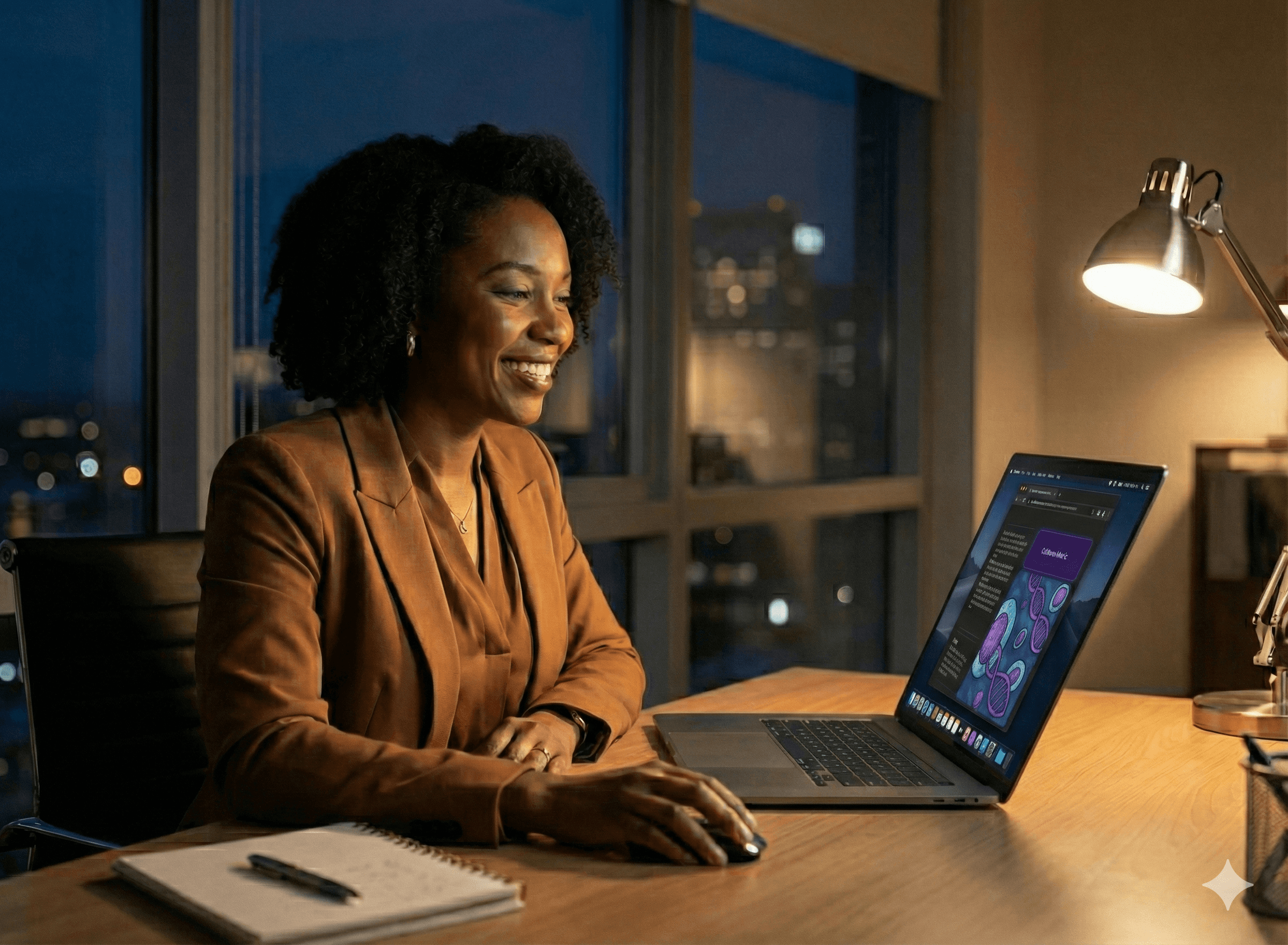 Woman uses AI data analysis tool for market research, customer insights & financial analysis.