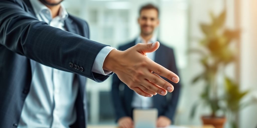 Smiling professional shaking hands with another person.