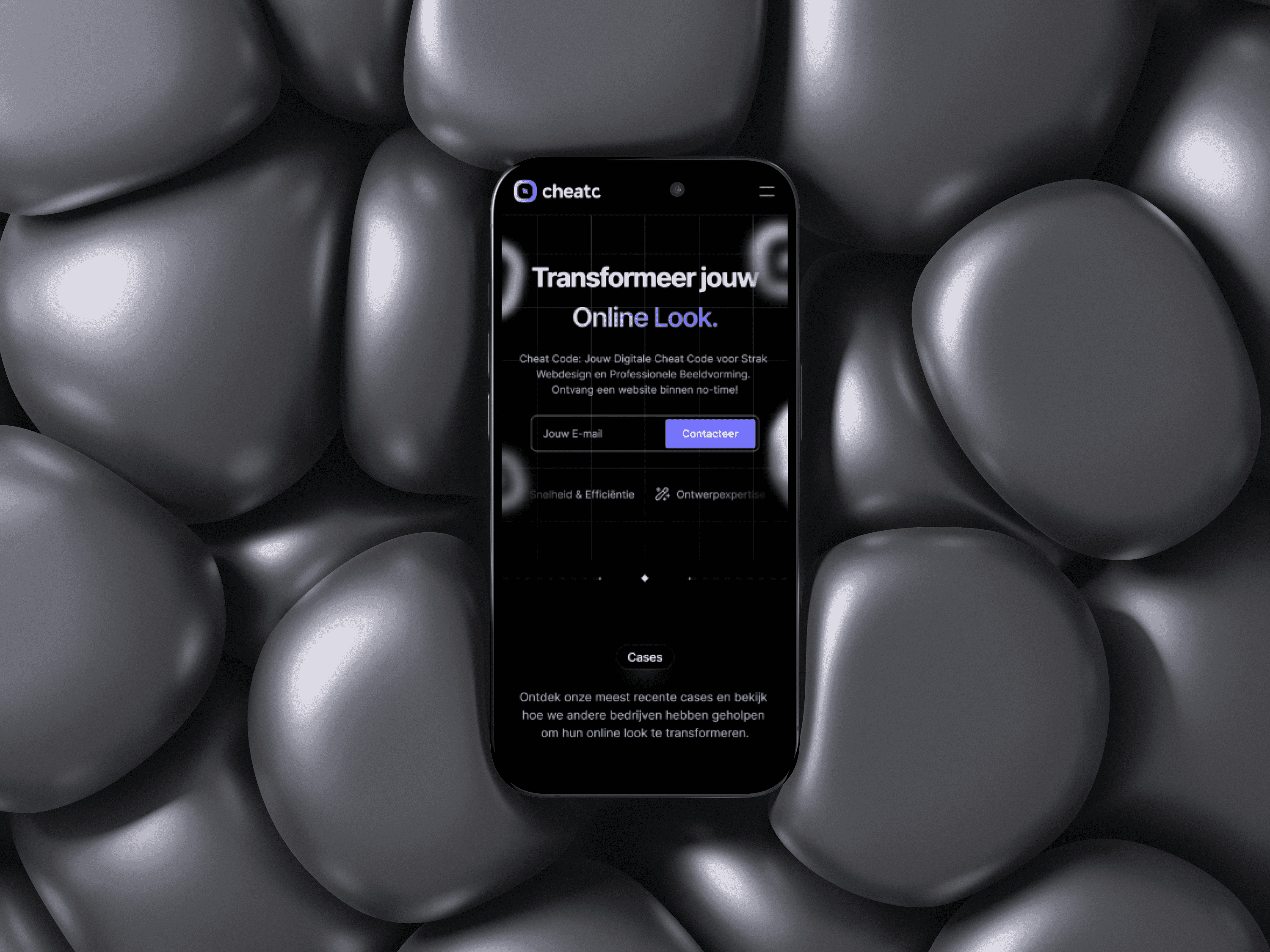 CheatCode website op een iPhone mockup omringd met grijze stenen