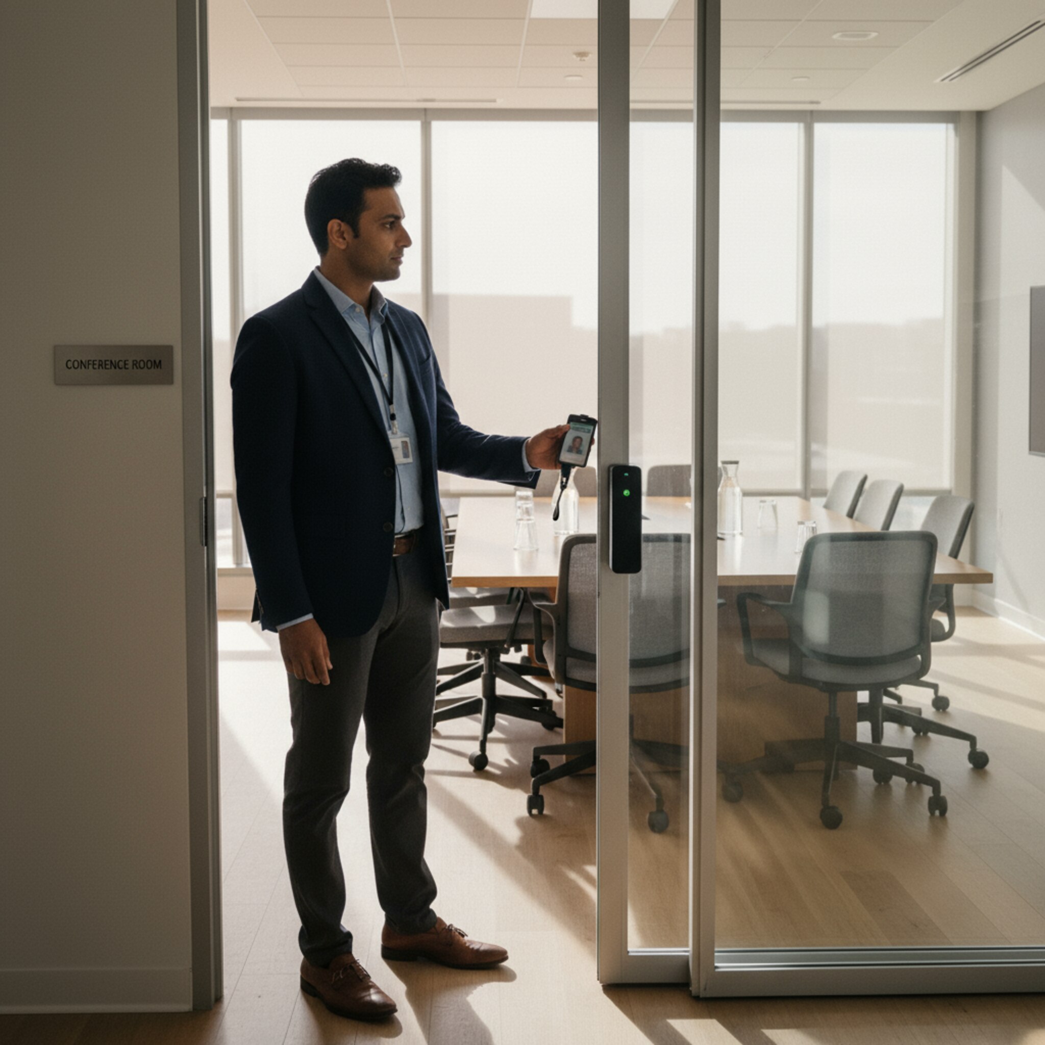 Ein Mitarbeiter hält seinen Dienstausweis an einen Türleser eines Besprechungsraums. Im Hintergrund sieht man ordentlich gestellte Stühle und Karaffen. Die Glastür öffnet sich, das Licht ist warm, alles wirkt vorbereitet und sicher im Ablauf.