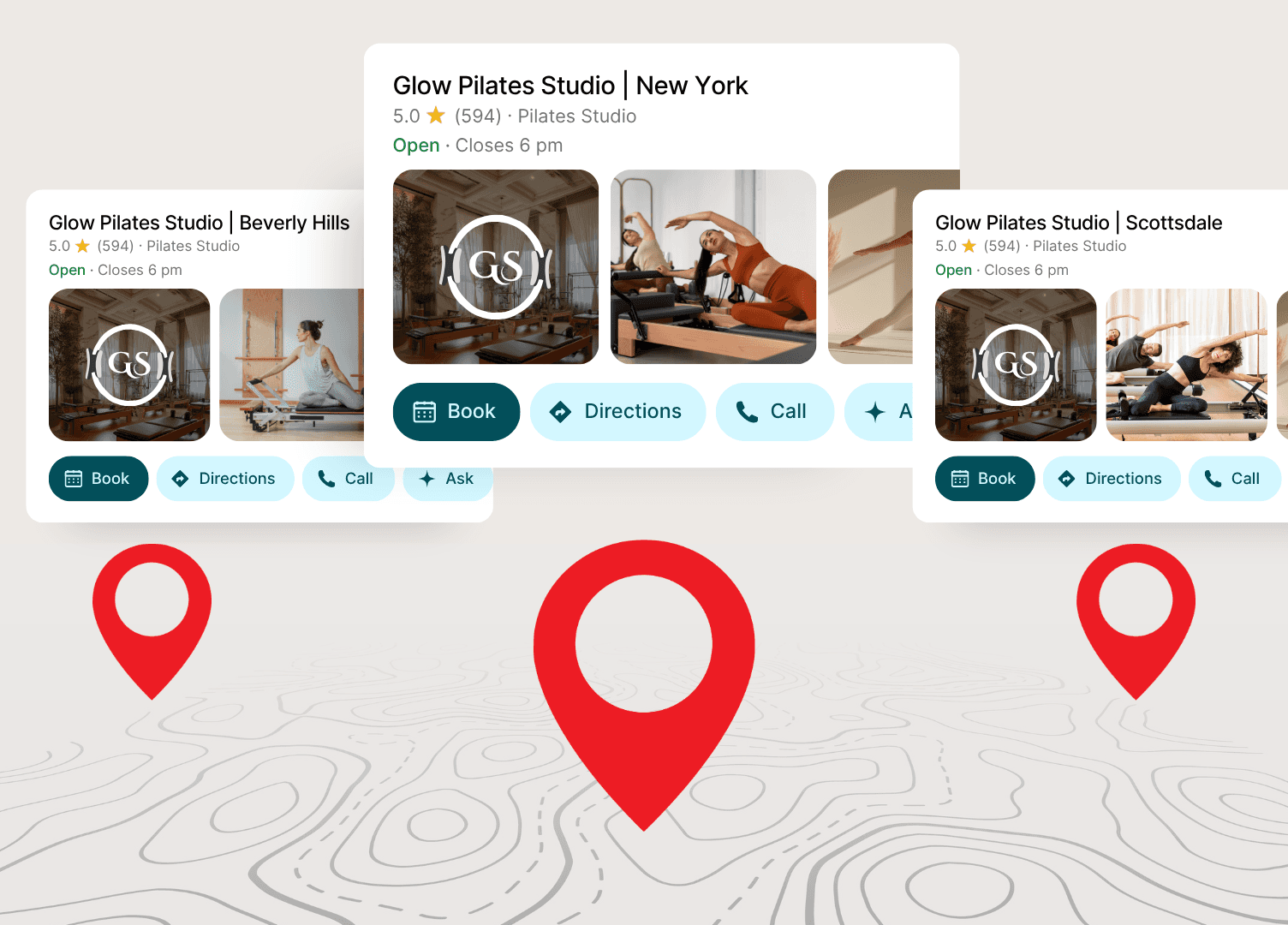 Map view showing three locations of the same boutique business with identical names, categories, and hours formatting