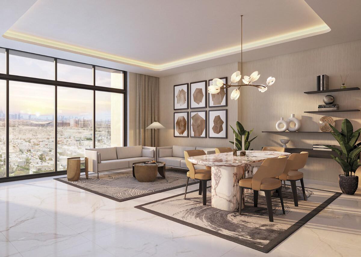 A modern living room featuring sleek furniture and a panoramic view of the city skyline through large windows.