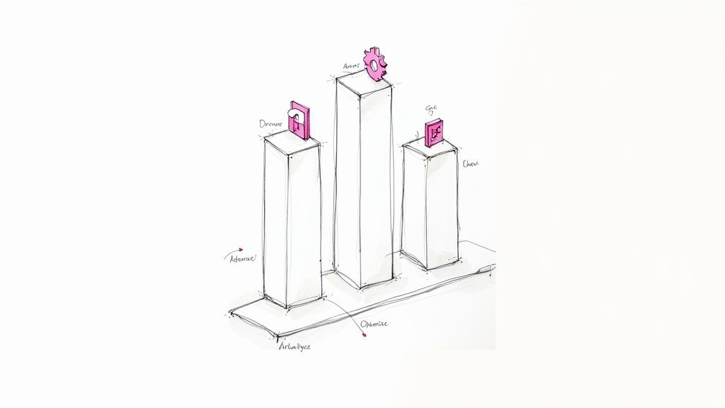 Hand-drawn sketch illustrating three pillars with pink icons, representing business process management stages and optimization.