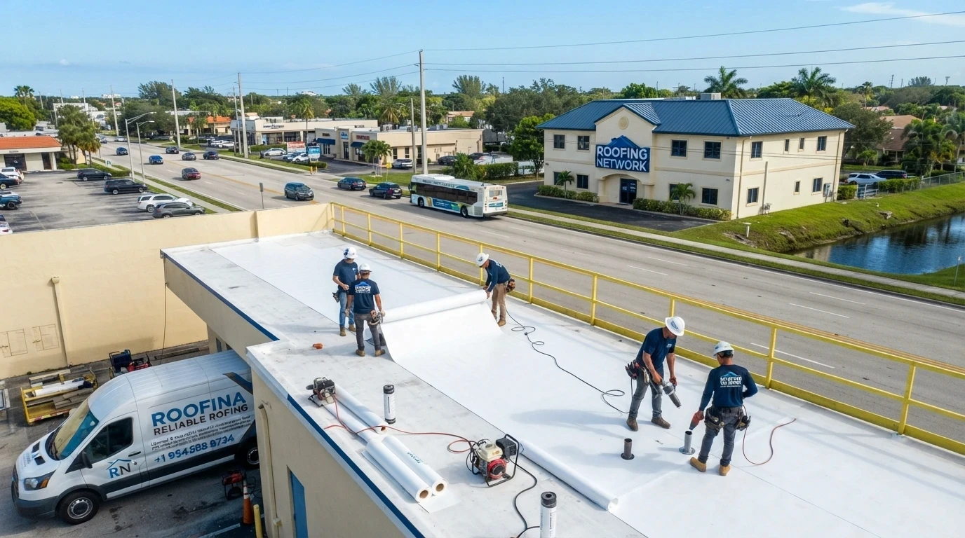 Roofing Network crew installing a TPO membrane on a commercial flat roof along Oakland Park Boulevard, with the company's Oakland Park headquarters nearby