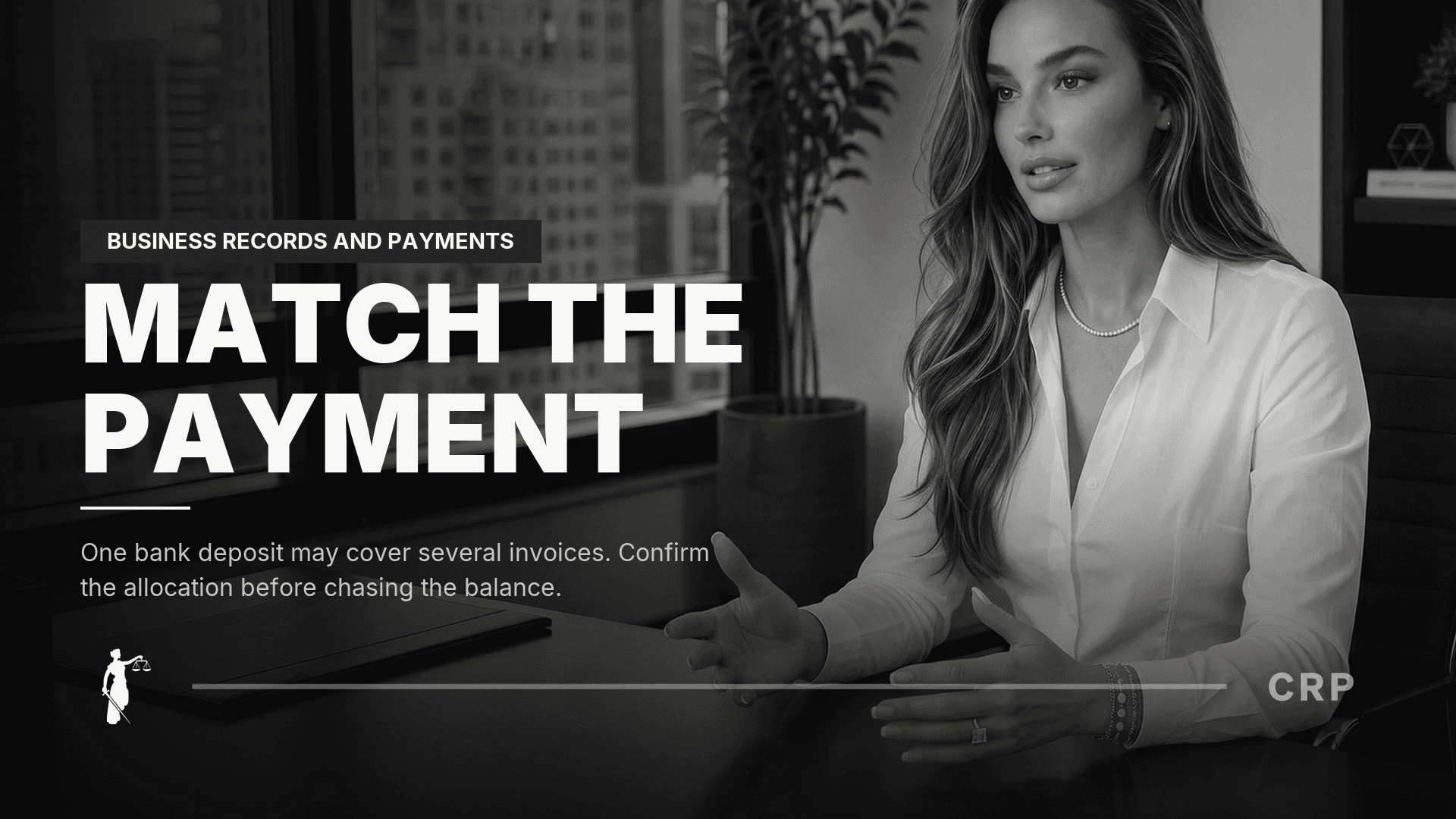 CRP Natalie avatar beside “MATCH THE PAYMENT” and “One bank deposit may cover several invoices. Confirm the allocation before chasing the balance.” on a monochrome 1609 thumbnail.